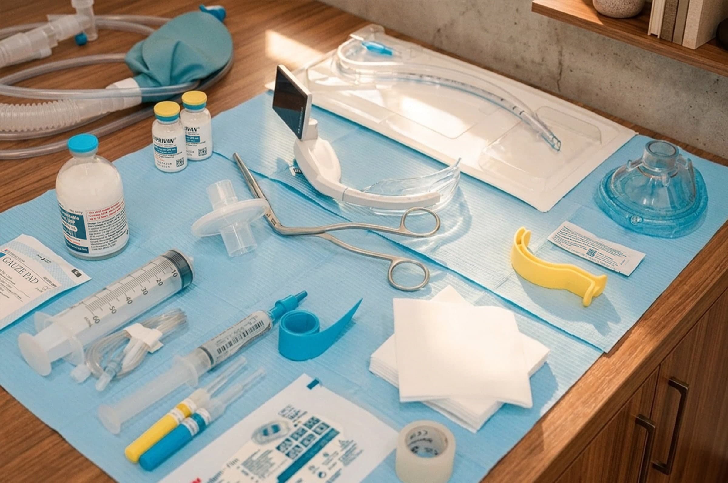 Anesthesia medications and airway equipment prepared for a case